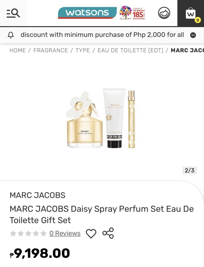 Marc Jacobs Daisy Eau De Toilette Gift Set (Category: Fragrance & Deodorants) located in Quezon City. Submitted by lc_ac (Listing ID 1464793259, Image 2). Description: - 100% Authentic Marc Jacobs Daisy Gift Set - Comes in the original pink and yellow checkered box (unopened) - Includes: Full-size spray bottle, travel spray pen, and luminous body lotion - Perfect for gifting or as an everyday signature scent - Estimated retail value: 9,198 PHP - 