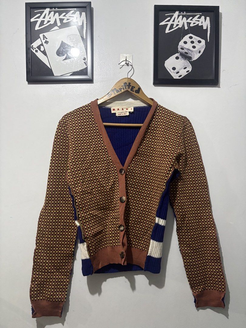 Marni Mainline Knitted Cardigan (Category: Coats, Jackets and Outerwear) located in Makati City. Submitted by ThriftedGoods (Listing ID 1464858569, Image 1). Description: Feel free to ask for more detailed photos In excellent condition No issues Length-24 Width-20.