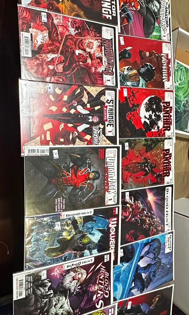 Marvel Blood Hunt Comic Book Lot (Category: Comics & Manga) located in Caloocan City. Submitted by saintsss23 (Listing ID 1464851796, Image 1). Description: - Blood hunt set: Black panther blood hunt issue 1 to 3 Amazing spiderman blood hunt issue 1 Blood hunt issue 1 to 3 Blood hunters issue 1 and 2 Doctor Strange blood hunt issue 15 Blood hunt: Midnight sons issue 1 Strange blood hunt issue 1 Union jack the ripper blood hunt issue 1 Wolverine b
