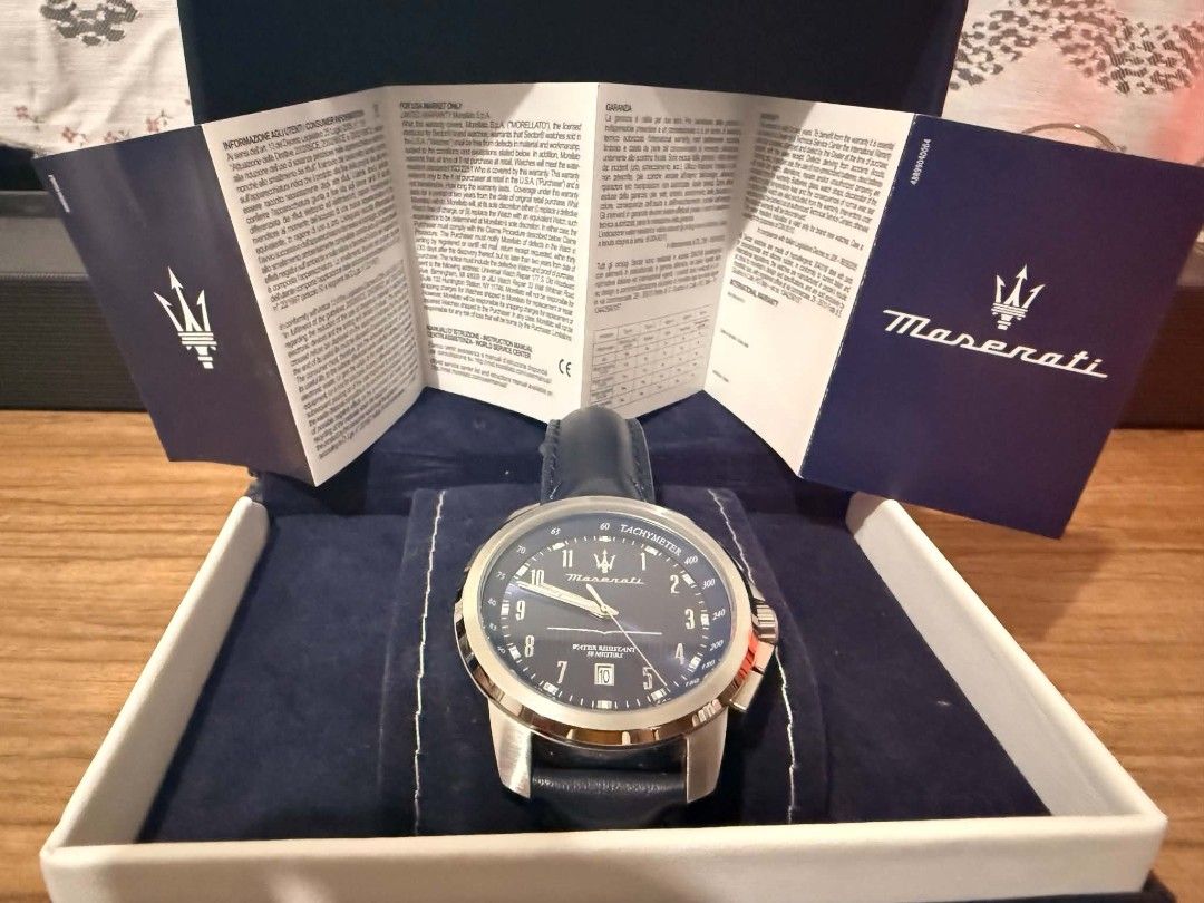 Maserati Men's Watch with Box and Papers (Category: Luxury Watches) located in Paranaque City. Submitted by lucille1280 (Listing ID 1464806577, Image 1). Description: - Authentic Maserati men's watch - Striking blue dial with silver case and tachymeter bezel - Premium dark blue leather strap - Complete set: Includes original dark blue box, warranty booklet, and manual - 100% original packaging included - Perfect for gifting or daily wear - Meetup