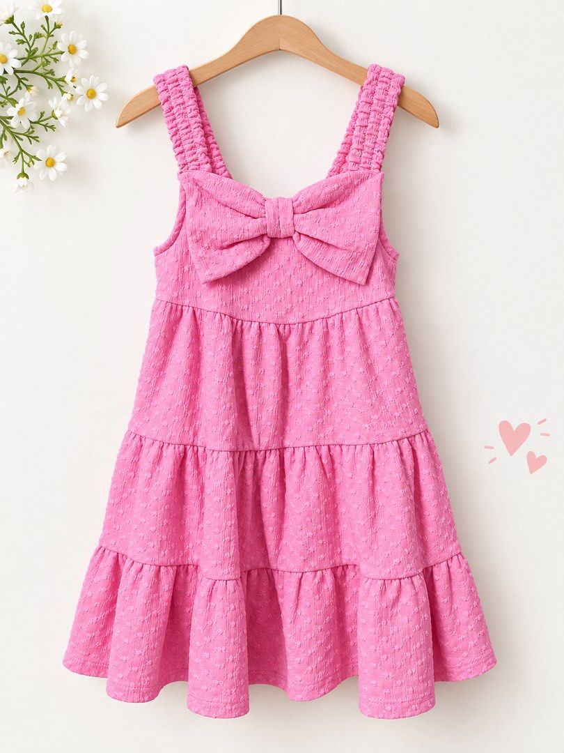 Matalan pink tiered dress 2-3y (Category: Babies & Kids Fashion) located in Quezon City. Submitted by eloisebr (Listing ID 1464776659, Image 1). Description: - Matalan 2-3y - Bright pink toddler dress, perfect for summer - Sleeveless design with stylish thick ruffled straps - Large matching bow on the front - Three-tiered layered skirt for a playful look - Unworn.