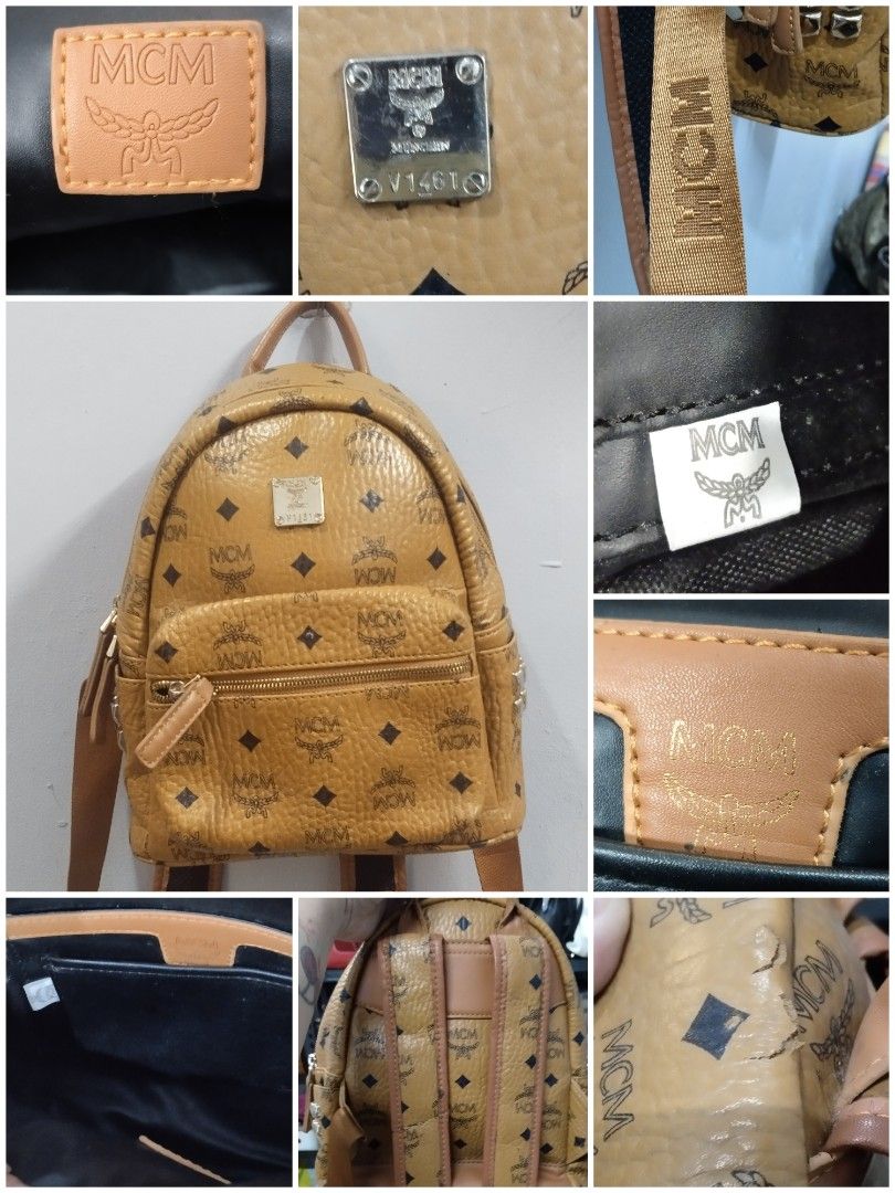 MCM stark vosetos back pack (Category: Luxury Bags & Wallets) located in Trece Martires City. Submitted by vherma (Listing ID 1464773744, Image 1). Description: This appears to be an MCM Stark Visetos Backpack in cognac. Brand & Style: MCM signature coated canvas monogram design in the classic cognac colorway. Features: Front zip pocket, top carry handle, and adjustable shoulder straps with gold-tone hardware. Pricing: Authentic versions typicall