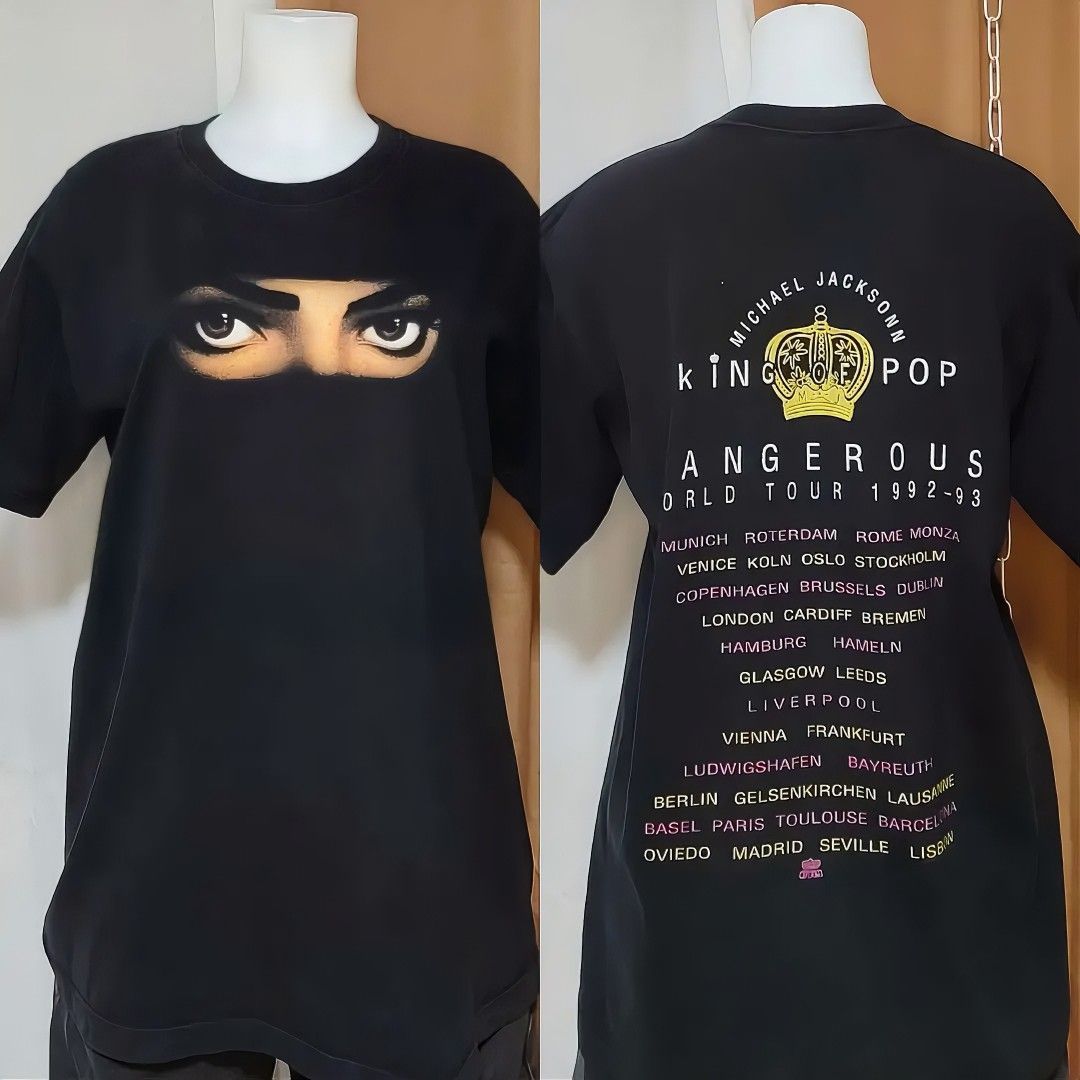 Michael Jackson "Dangerous World Tour 1992–93" Tee (Category: Tshirts & Polo Shirts ) located in Caloocan City. Submitted by jmedalla1958179 (Listing ID 1464914176, Image 1). Description: Front: Iconic eyes graphic from the Dangerous album artwork. 👉Back: "Michael Jackson King of Pop" crown logo with full tour city list. 📏Size & Dimension : Large / 20x27 CR : 9/10, no issue print fully intact, Heavy cotton 📌 Authenticity of design/licensing is