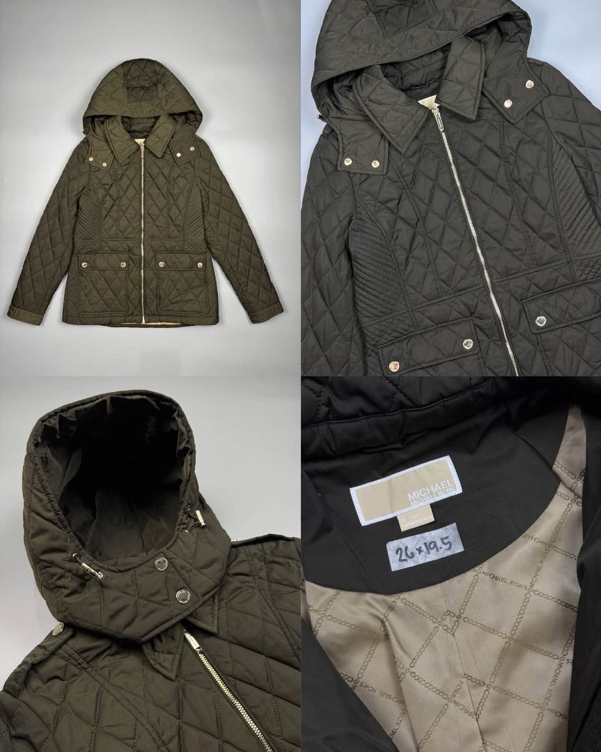 MICHAEL KORS QUILTED JACKET W/ DETACHABLE HOOD (Category: Coats, Jackets and Outerwear) located in Baguio. Submitted by binibibi (Listing ID 1464772095, Image 1). Description: MICHAEL KORS QUILTED JACKET W/ DETACHABLE HOOD (EXCELLENT CONDITION) SIZE: MEDIUM (26L X 19.5W) - Brand: Michael Kors - Color: Olive green with gold-tone hardware - Style: Zip-up quilted jacket with removable drawstring hood - Pockets: Two front flap pockets with snap closu
