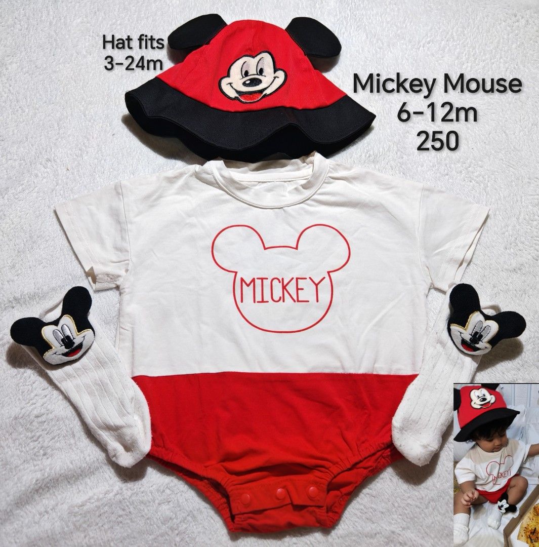 Mickey Mouse Baby Outfit Set Romper Hat Socks (Category: Babies & Kids Fashion) located in Quezon City. Submitted by maypamor (Listing ID 1464864454, Image 1). Description: - Adorable Mickey Mouse baby outfit in a matching red and white colorway - Romper (6-12 months) features convenient snap buttons at the bottom for easy diaper changes - Matching bucket hat designed to fit babies from 3 to 24 months - Cute white socks complete the look with pla