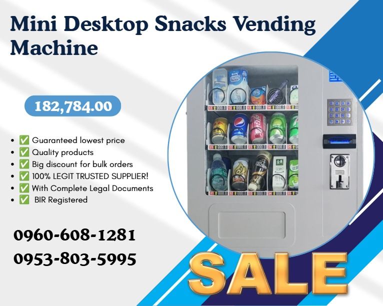 Mini Desktop Snacks Vending Machine (Category: Office & Business Technology) located in Caloocan City. Submitted by goldenriver-a9d0 (Listing ID 1464777323, Image 1). Description: 1.machine size:W700*H76*58cm; (Net) Weight : 65 Kg 2.selections: 5channel *3drawer=15 types 3.capacity: 15types *4pcs/channel=60pcs 4.communication mode: MDB, pulse, RS232 5.payment type: bill or coin or credit card 6.15 spirals for condoms, snacks etc. 7.desktop type 8