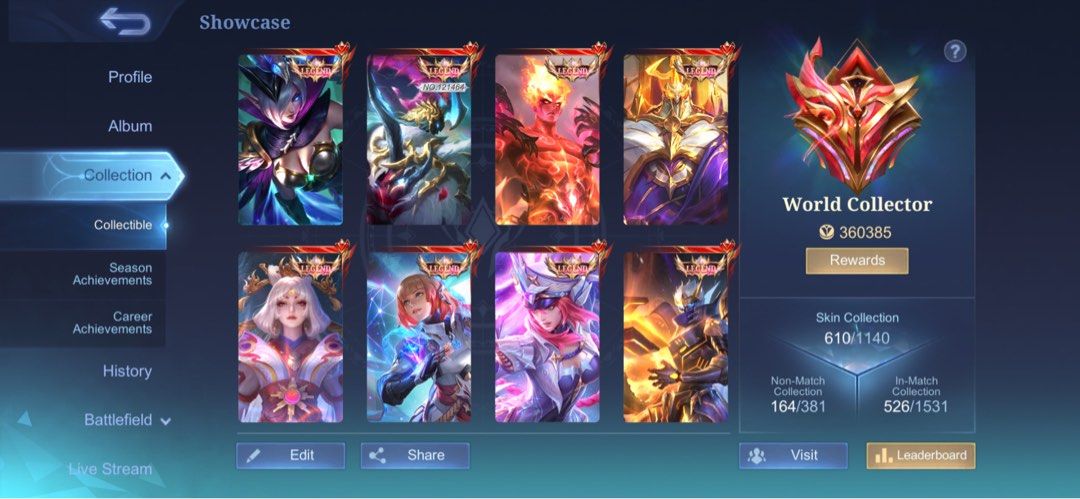 Mobile Legends MLBB High-End Account with Rare Skins (Category: Game Gift Cards & Accounts) located in Manila. Submitted by zedric26 (Listing ID 1464811383, Image 1). Description: - High-end Mobile Legends account for serious players - World Collector rank with 360,385 points - Massive collection of 610 skins unlocked - Includes rare & exclusive Legends, Aspirants, Transformers, KOF, Prime, and Star Wars skins - Meet-up only for secure transactio