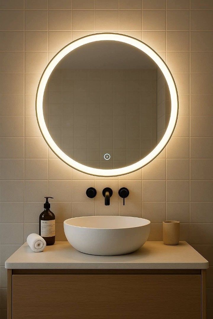 Modern LED Backlit Round Bathroom Vanity Mirror With Touch Switch (Category: Mirrors) located in Manila. Submitted by quzaine_aura (Listing ID 1464900723, Image 1). Description: Upgrade your space with our FRAMELESS 6mm SMART MIRROR – the ultimate blend of style and technology! • Touch ON/OFF • Adjustable brightness – dim or brighten with one press • Customizable designs, shapes & sizes • Lighting options (One Color or Tricolor): Warm | Daylight 