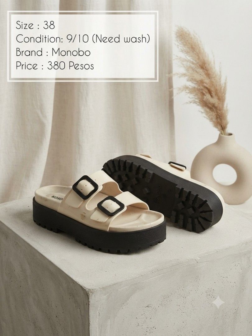 Monobo Sandals Size 38 Cream Black Platform (Category: Sandals) located in Santa Maria. Submitted by anne_s.list (Listing ID 1464784163, Image 3). Description: Monobo sandals in cream and black. Dual strap design with square buckles. Chunky platform sole with lug tread. Size 38 EUR / 7 US. Shows light dust and minor marks, needs a quick wash. Comfortable slip-on style with good grip on the bottom. #monobosandals #platform #doublestrap #jellysanda