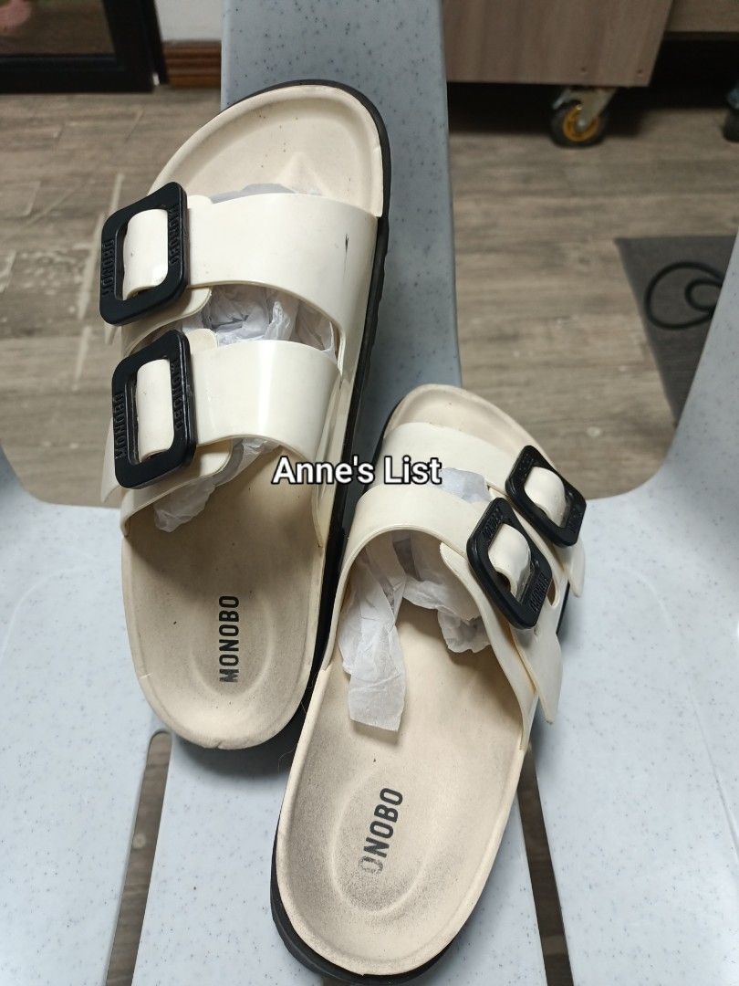 Monobo Sandals Size 38 Cream Black Platform (Category: Sandals) located in Santa Maria. Submitted by anne_s.list (Listing ID 1464784163, Image 1). Description: Monobo sandals in cream and black. Dual strap design with square buckles. Chunky platform sole with lug tread. Size 38 EUR / 7 US. Shows light dust and minor marks, needs a quick wash. Comfortable slip-on style with good grip on the bottom. #monobosandals #platform #doublestrap #jellysanda