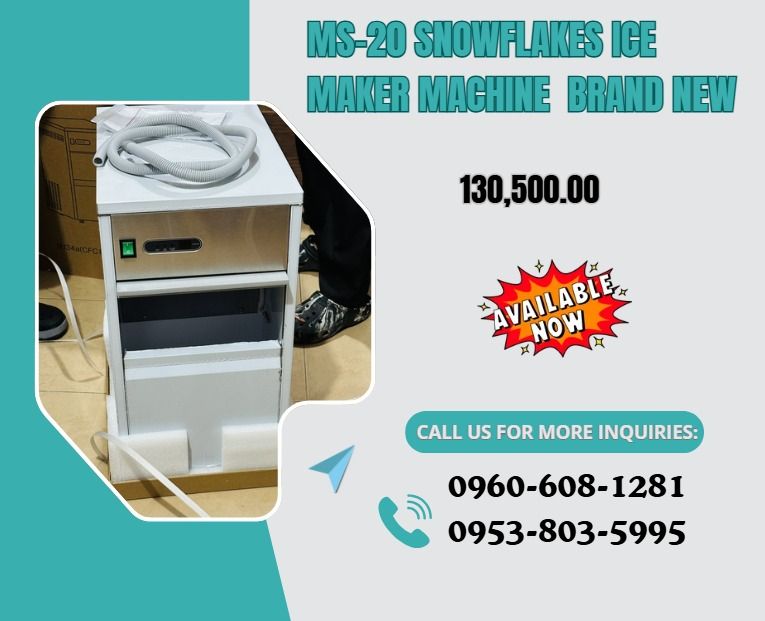 MS-20 SNOWFLAKES ICE MAKER MACHINE BRAND NEW (Category: Industrial Equipment) located in Caloocan City. Submitted by michealaus73574 (Listing ID 1464774100, Image 1). Description: ●IMS-20 ●Ice production (20°C ambient temperature, 10°C ●water temperature): 20kg ●Ice storage: 5kg ●Ice Form: Snowflake ●Voltage frequency: AC220V/50Hz ●input power: 265W ●Refrigerant/quantity: R134a/95g ●Product dimensions mm: 330*503*607 ●Package dimensions mm: 390*5