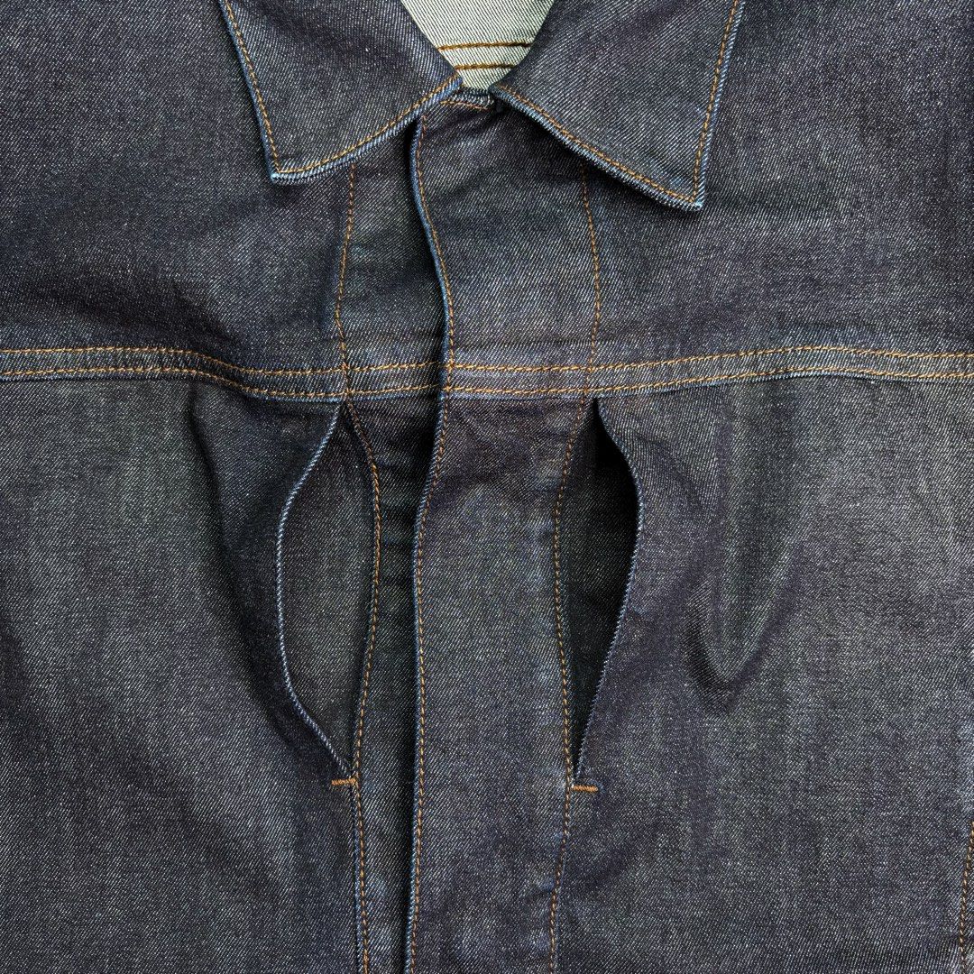 Muji | Denim Trucker Jacket. (Category: Coats, Jackets and Outerwear) located in Manila. Submitted by bypiecesandstories (Listing ID 1464882154, Image 3). Description: Muji | Denim Trucker Jacket. 799 PHP 🧡 Perfect Condition Can Fit — X Small to Medium Dimensions — W 20" L 26" A nice dark denim jacket with a comfortable fit and a slight stretch for added ease. A versatile staple that works effortlessly with tees, shirts, and your favorite everyd