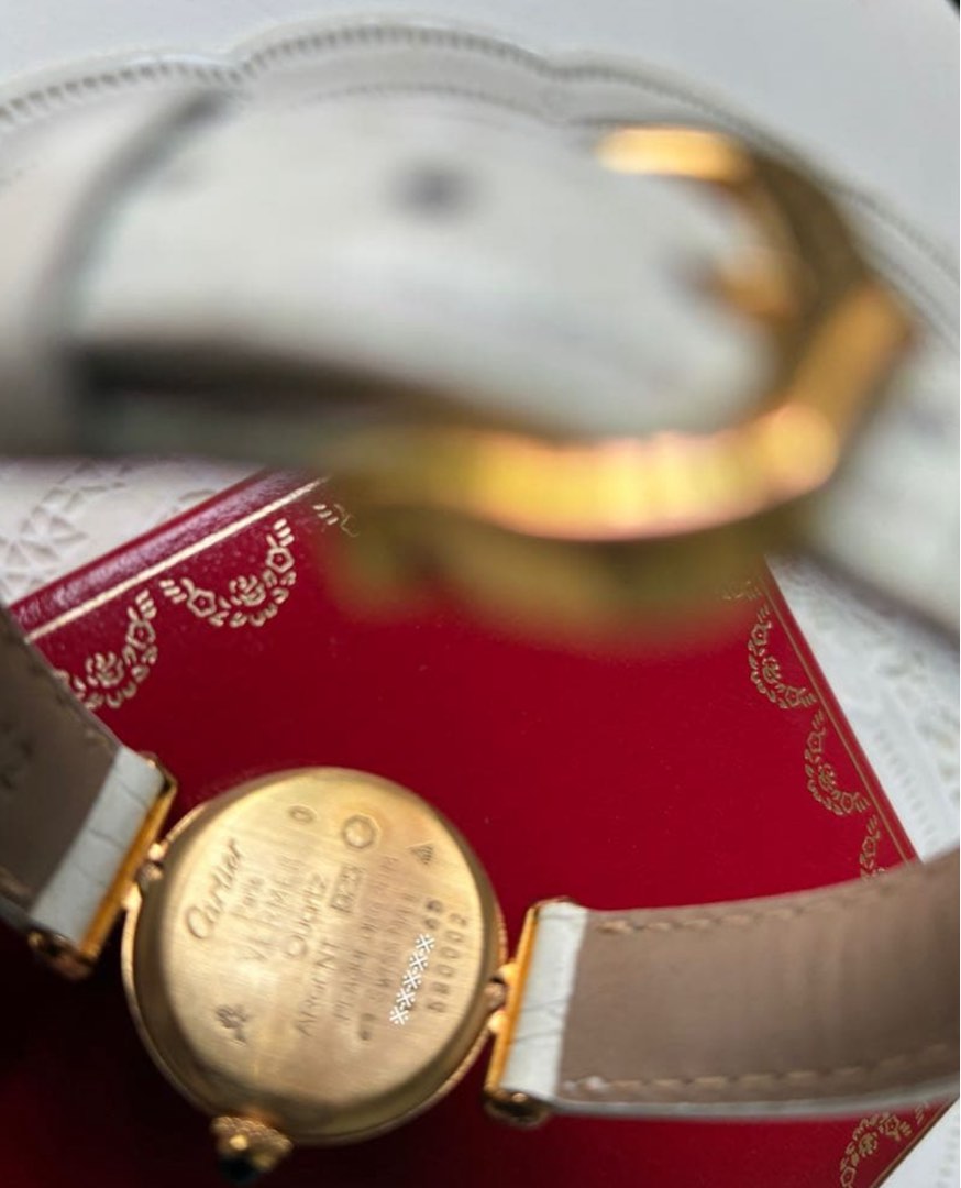 Must de Cartier Vendôme (Category: Luxury Watches) located in Bulacan. Submitted by youlovewatches (Listing ID 1464949388, Image 3). Description: Must de Cartier — Vintage 💎 Double-row diamond bezel — believed aftermarket ✨ Original aged vermeil patina with minor scratches/dullness 👜 Genuine Cartier case & booklet 🔗 Genuine Cartier buckle + additional leather straps 🧾 Purchase receipt copy available (personal details redacted) A charming vint