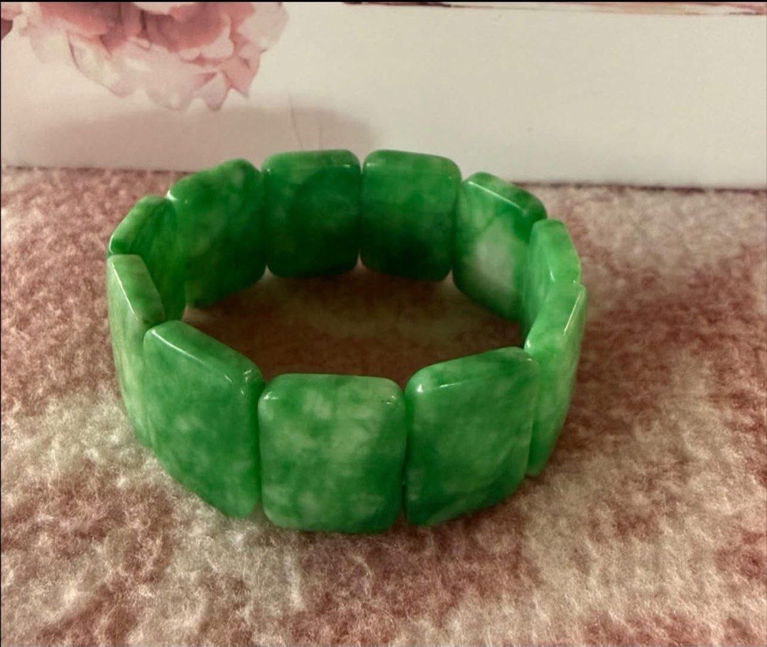 Natural green jade bracelet (Category: Bracelets) located in Manila. Submitted by annafinds (Listing ID 1464877526, Image 2). Description: Natural green jade bracelet features polished rectangular links with subtle white marbling. ₱4,999 Open for layaway..