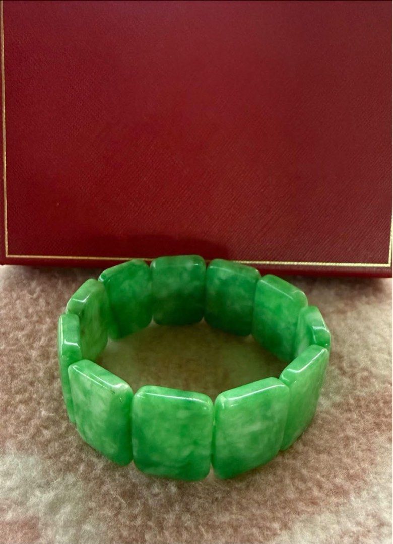 Natural green jade bracelet (Category: Bracelets) located in Manila. Submitted by annafinds (Listing ID 1464877526, Image 1). Description: Natural green jade bracelet features polished rectangular links with subtle white marbling. ₱4,999 Open for layaway..