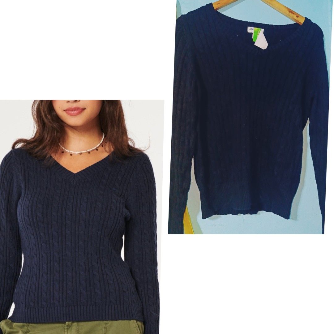 Navy Blue Cable Knit V-Neck Sweater (Category: Coats, Jackets and Outerwear) located in Quezon City. Submitted by cathyignaciogo09 (Listing ID 1464881166, Image 1). Description: - Dark blue v-neck sweater - Allover classic cable knit pattern - Fitted cut with long sleeves - Ribbed cuffs and hem - Brand new with store tag attached - Great wardrobe staple for cooler days.