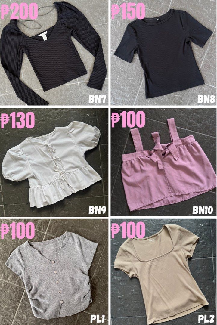 New & preloved blouses or tops (XS - M) (Category: Blouses) located in San Fernando. Submitted by jellys_preloved (Listing ID 1464832639, Image 2). Description: PLEASE READ | Prices from ₱30 - ₱200 only‼️ Selling brand new (BN) & well-loved pieces (PL), all in good condition💯 • XS - semi M (Sh 15' ; Bu 28-32' ; Wa 28') • some haven't been worn yet • some worn only once or twice • some are brand new (w/ tags) • some are branded (Uniqlo, H&M, ForM
