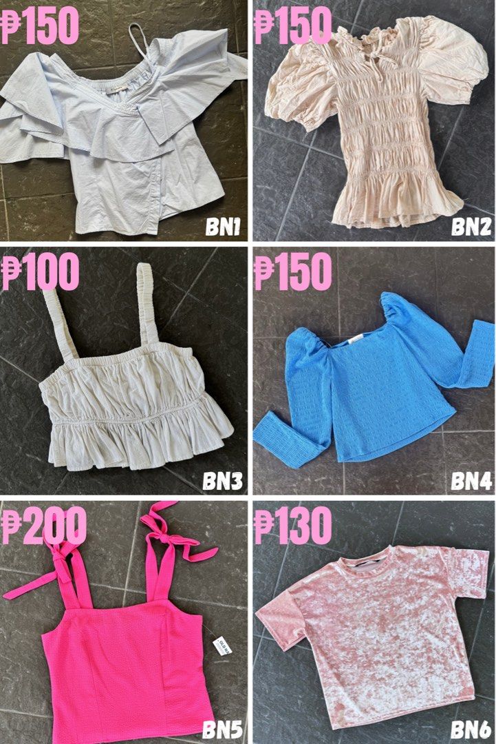 New & preloved blouses or tops (XS - M) (Category: Blouses) located in San Fernando. Submitted by jellys_preloved (Listing ID 1464832639, Image 1). Description: PLEASE READ | Prices from ₱30 - ₱200 only‼️ Selling brand new (BN) & well-loved pieces (PL), all in good condition💯 • XS - semi M (Sh 15' ; Bu 28-32' ; Wa 28') • some haven't been worn yet • some worn only once or twice • some are brand new (w/ tags) • some are branded (Uniqlo, H&M, ForM