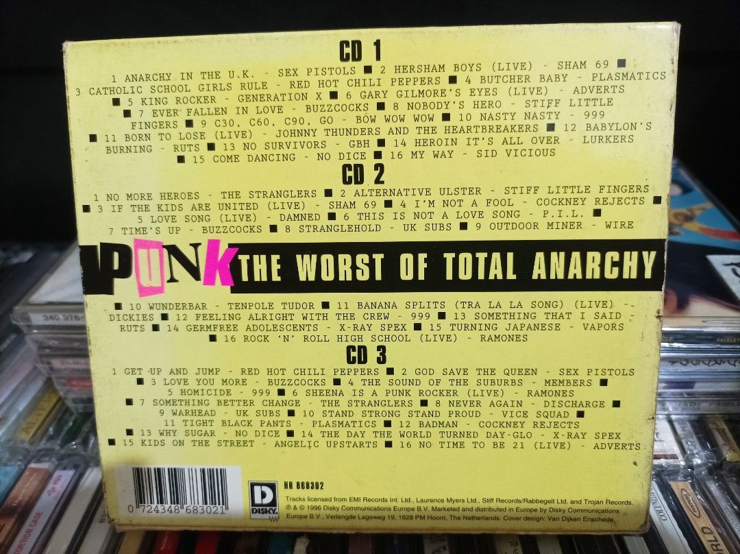 New Wave & 80's Music (Category: CDs & DVDs) located in Manila. Submitted by nw101 (Listing ID 1464863961, Image 2). Description: - The Worst of Total Anarchy 3 CD box set - Features iconic punk bands: Sex Pistols, The Damned, Red Hot Chili Peppers, The Stranglers, UK Subs, Ramones, Plasmatics, Sid Vicious, and more. - Essential collection for any punk music fan..