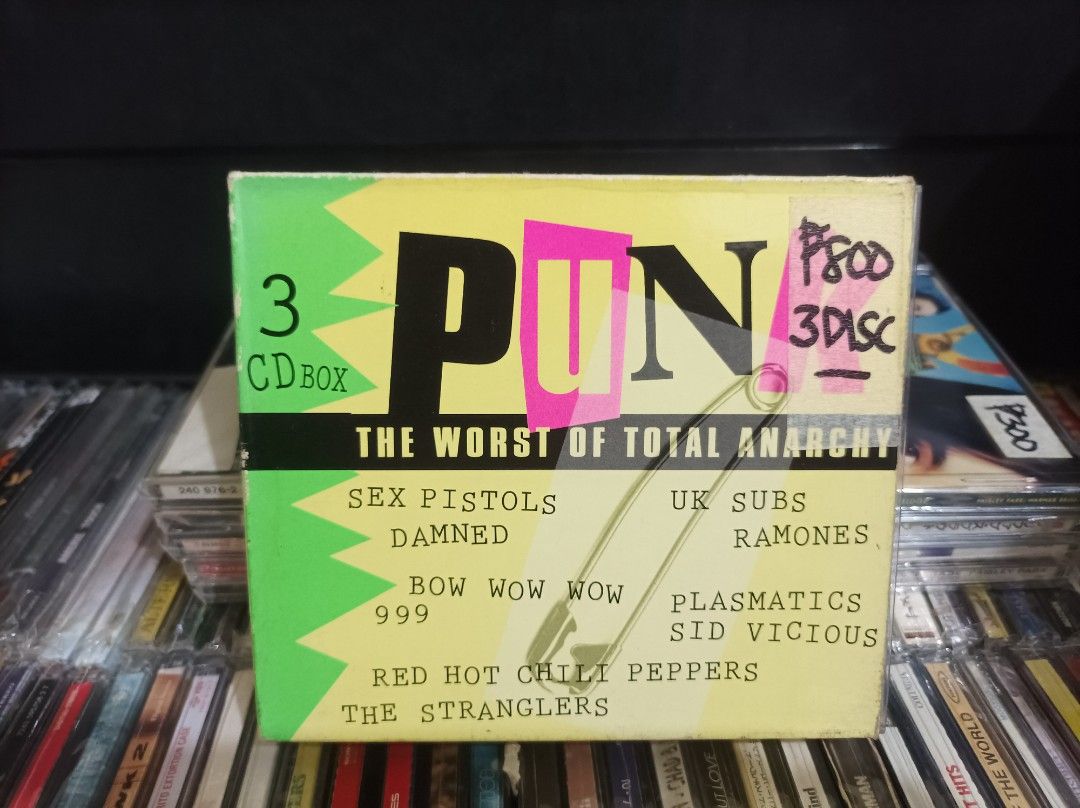 New Wave & 80's Music (Category: CDs & DVDs) located in Manila. Submitted by nw101 (Listing ID 1464863961, Image 1). Description: - The Worst of Total Anarchy 3 CD box set - Features iconic punk bands: Sex Pistols, The Damned, Red Hot Chili Peppers, The Stranglers, UK Subs, Ramones, Plasmatics, Sid Vicious, and more. - Essential collection for any punk music fan..