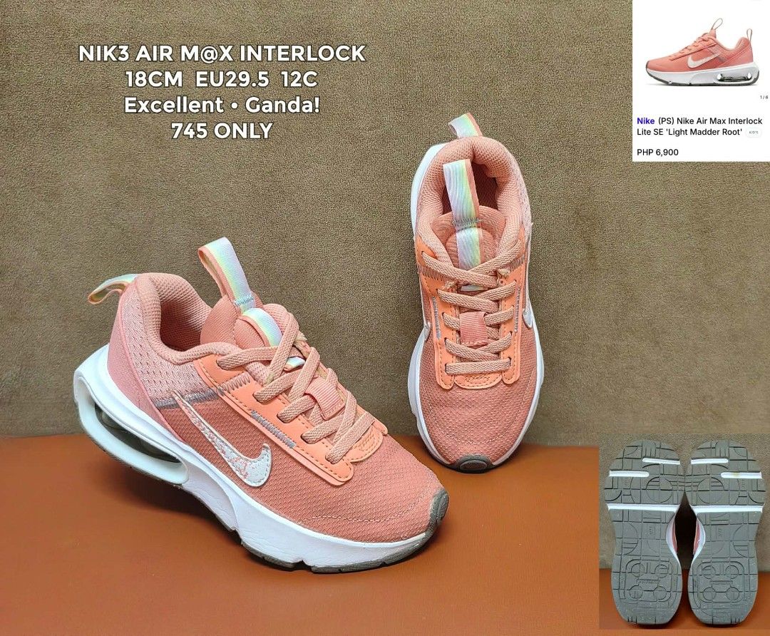NIKE AIR MAX INTERLOCK (Category: Babies & Kids Fashion) located in Cebu City. Submitted by shopwithshee (Listing ID 1464932944, Image 1). Description: Hi🖐 Welcome to my shop! All items are guaranteed 💯 orig. All Br@nded preloved items with ff conditions; Likenew ( LN), Excellent Used condition ( EUC), Very good condition (VGUC) Kindly refer Details in the pic. Dont hesitate to dm for more pics and angle you want to see. I will be happy to resp