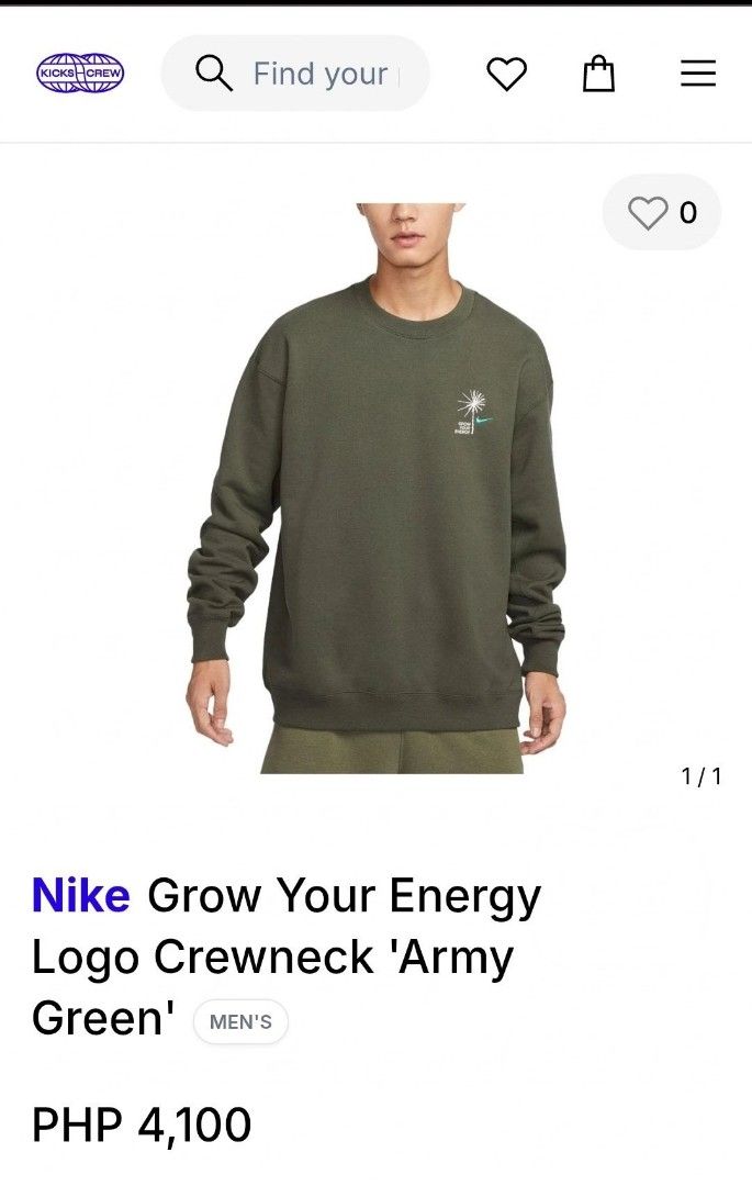 Nike Crewneck Army Green (Category: Coats, Jackets and Outerwear) located in Kawit. Submitted by deidzdzn (Listing ID 1464796395, Image 1). Description: - Brand: Nike - Style: Grow Your Energy Crewneck Sweatshirt - Color: Army Green - Design: Embroidered dandelion and Nike logo graphic on the chest - Fit: Relaxed fit with ribbed collar, cuffs, and hem - Size: XL - Measurements: Width 25 inches, Length 27 inches.