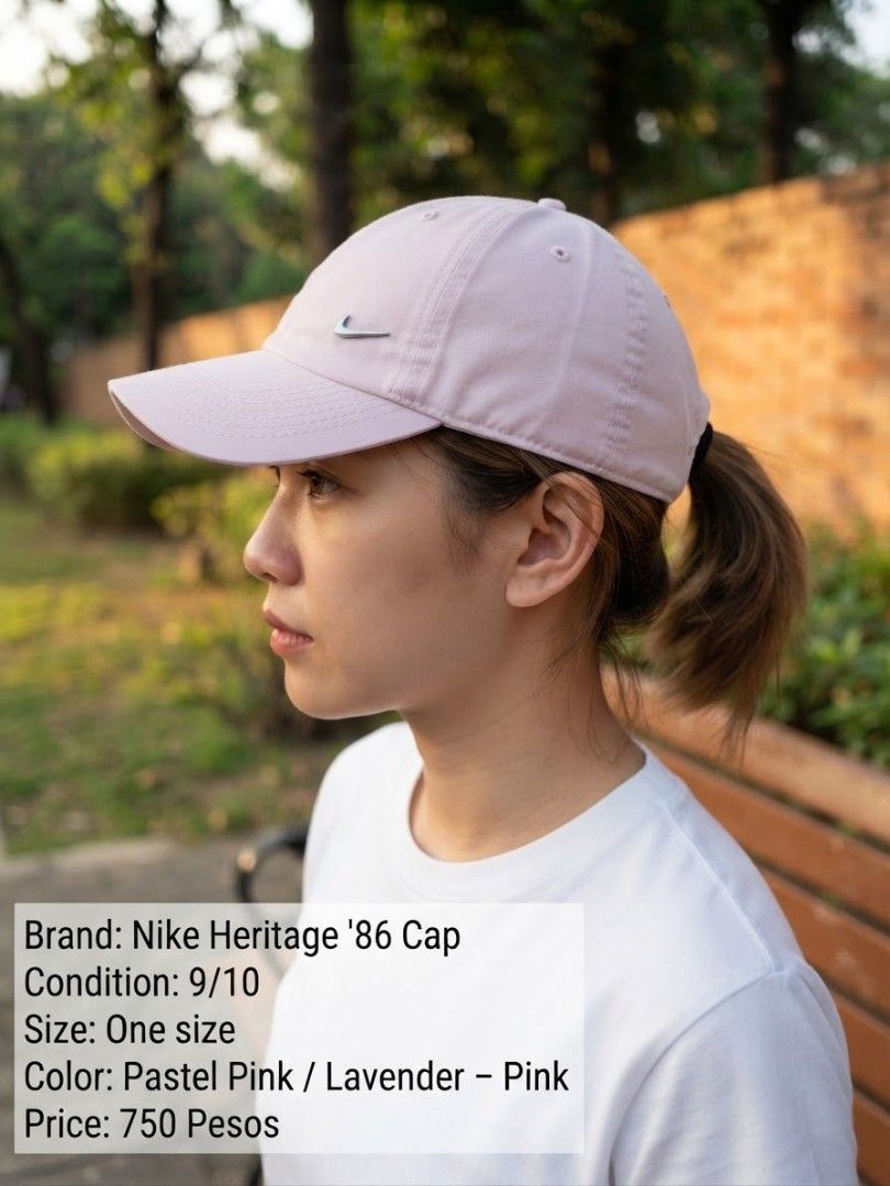 Nike Heritage 86 Pastel Pink Baseball Cap (Category: Hats & Beanies) located in Santa Maria. Submitted by anne_s.list (Listing ID 1464779730, Image 3). Description: NIKE HERITAGE86 CAP 🩷 Soft Pink / Blush | One Size Fits Most Decluttering this beautiful Nike cap! ✨ ✔️ Authentic Nike Heritage86 label ✔️ One Size Fits Most ✔️ Adjustable back closure ✔️ Classic curved-brim design ✔️ Breathable eyelets ✔️ Clean, minimalist Nike Swoosh ✔️ Very good p