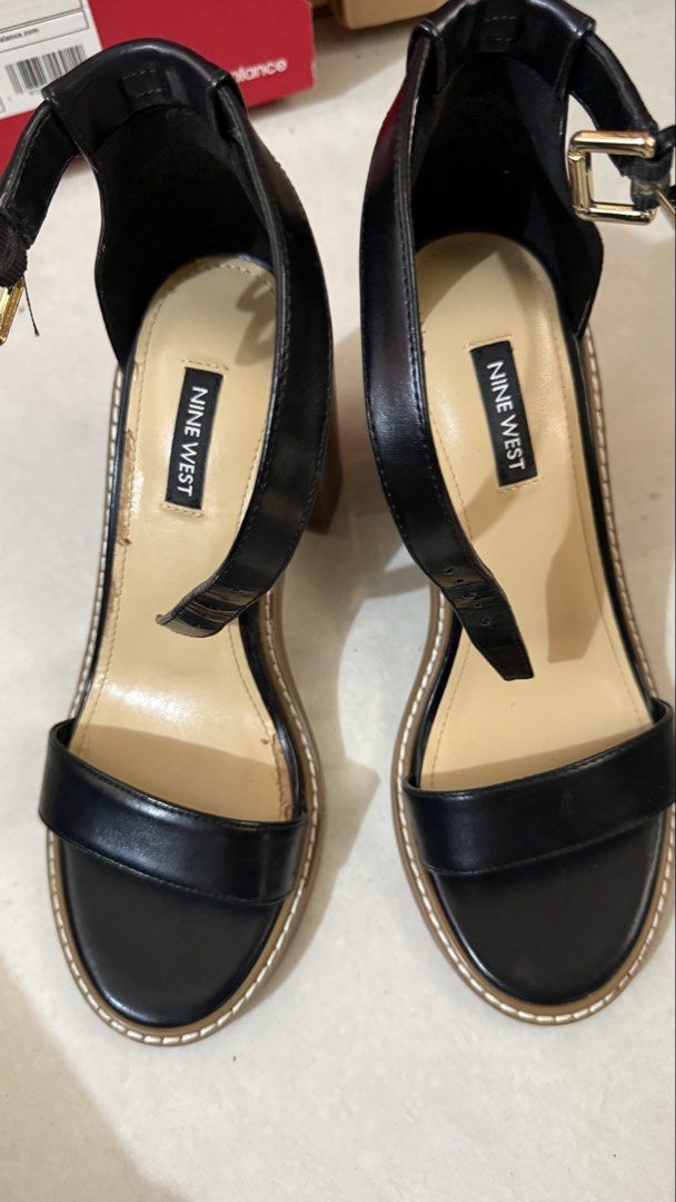 Nine West Black Block Heel Sandals (Category: Heels) located in Mandaluyong City. Submitted by primarielee (Listing ID 1464803309, Image 3). Description: - Brand: Nine West - Style: Black block heel sandals with ankle straps and gold-tone hardware - Details: Cream insoles, chunky wooden-look heels, and stylish white contrast stitching - Condition: Good, ❗️ with slight peeling on the cream insole near the toe area of right shoe - Inclusion: Comes 