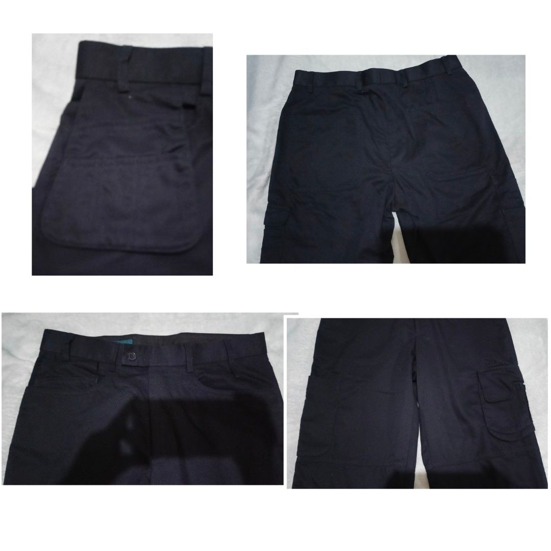 NNT Dark Navy/Black Cargo Work Pants #551 (Category: Trousers) located in Santa Cruz. Submitted by gie_thrift_shop (Listing ID 1464896750, Image 3). Description: NNT Dark Navy/Black Cargo Work Pants Color: Dark Navy / Black Size: 82R (approx. 32-33 inches waist) Length: 41 inches Pockets: 7 Pockets total (2 side slant pockets, 2 back pockets, 1 side flap cargo pocket) Condition: Pre-loved with minor signs of usage (well-maintained, minimal fabric