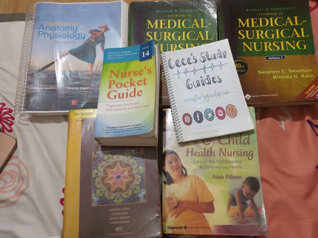 nursing books (Category: Textbooks) located in Imus. Submitted by kleiipalette (Listing ID 1464814239, Image 1). Description: TAKE ALL — Seeley’s Anatomy & Physiology — Brunner & Suddarth Medical Surgical Nursing, Volume 1 and 2 — Fundamentals of Nursing — Maternal & Child Health Nursing — Nurse’s Pocket Guide — Cece’s Study Guides rfs: need funds for my cat 📍Imus, Cavite.