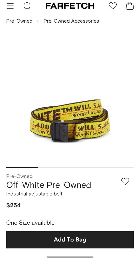 Off-White Industrial Adjustable Belt (Category: Belts) located in Angeles City. Submitted by silverpenguin.a36ad1 (Listing ID 1464956977, Image 2). Description: - Brand: Off-White Industrial Belt - Color: Iconic Yellow & Black - Material: Heavy-duty woven nylon strap - Hardware: Matte black metal buckle with engraved branding - Design: Signature contrasting logo lettering running the full length - Fit: Fully adjustable for versatile styling - Sty