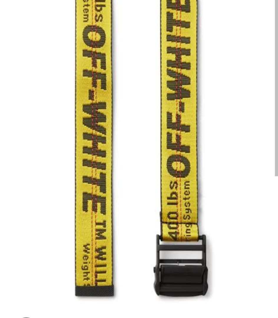 Off-White Industrial Adjustable Belt (Category: Belts) located in Angeles City. Submitted by silverpenguin.a36ad1 (Listing ID 1464956977, Image 3). Description: - Brand: Off-White Industrial Belt - Color: Iconic Yellow & Black - Material: Heavy-duty woven nylon strap - Hardware: Matte black metal buckle with engraved branding - Design: Signature contrasting logo lettering running the full length - Fit: Fully adjustable for versatile styling - Sty