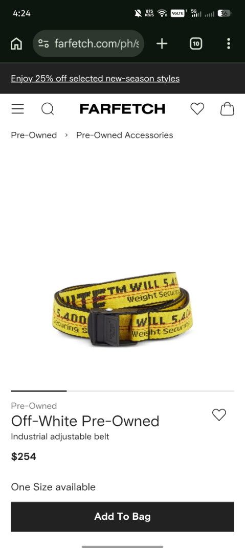 Off-White Industrial Adjustable Belt (Category: Belts) located in Angeles City. Submitted by silverpenguin.a36ad1 (Listing ID 1464956977, Image 1). Description: - Brand: Off-White Industrial Belt - Color: Iconic Yellow & Black - Material: Heavy-duty woven nylon strap - Hardware: Matte black metal buckle with engraved branding - Design: Signature contrasting logo lettering running the full length - Fit: Fully adjustable for versatile styling - Sty