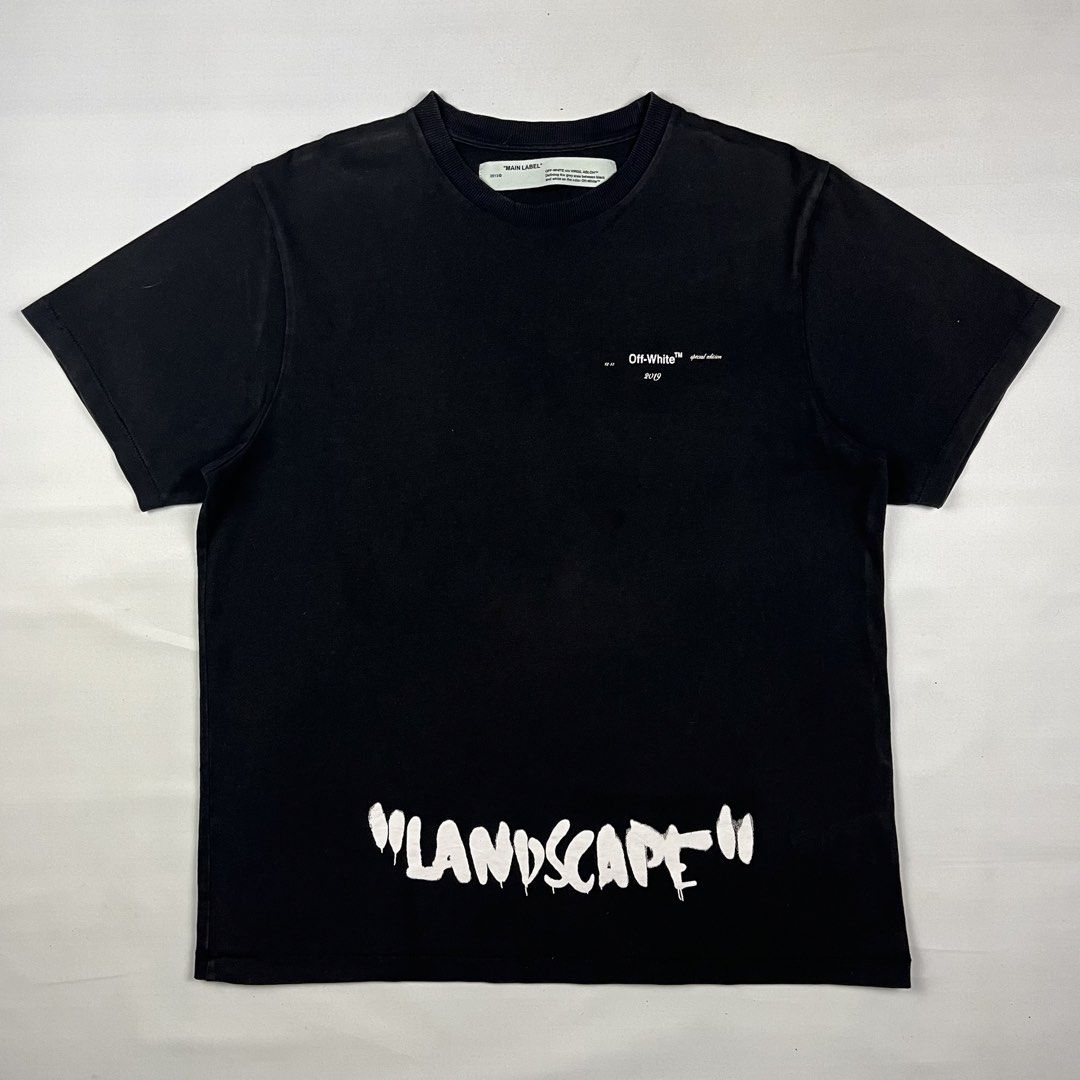 Off-White “LANDSCAPE” SS19 Tee (Category: Tshirts & Polo Shirts ) located in Puerto Princesa. Submitted by paradise5300 (Listing ID 1464925385, Image 1). Description: Off-White “LANDSCAPE” SS19 Tee Tagged Size: Large Dimensions Inches length: 28.3 Inches width: 22.5 Condition: Very good Color rate: 9.5 Flaws: Hairline cracks & signs of usage 1,499 shipping fee is not yet included. .