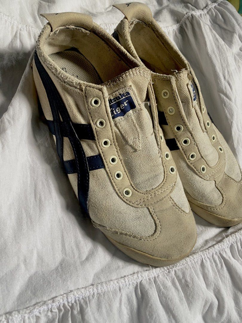 Onitsuka Tiger Mexico 66 in Birch Midnight (Category: Sneakers) located in Manila. Submitted by happybear-d4e1 (Listing ID 1464805951, Image 3). Description: Brand: Onitsuka Tiger - Model: Mexico 66 Slip-On (1183A360) - Color: Birch Midnight - Size: US 5 / Euro 37.5 / 23.5mm - Origin: Made in Indonesia - Design: Convenient laceless slip-on style - Condition: Shows general wear and fading on the canvas and inner soles - Perfect comfortable everyda