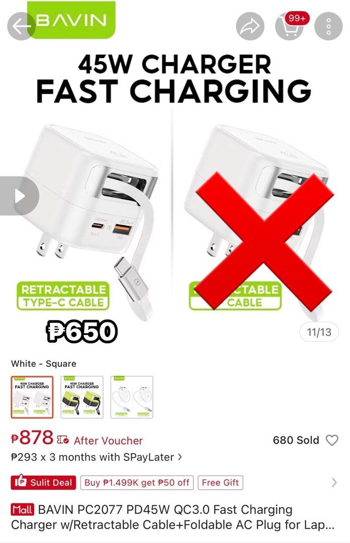 Original Bavin pd45w charger with built in type c cable (Category: Chargers & Cables) located in Naic. Submitted by _vntglxx (Listing ID 1464816942, Image 1). Description: see the photo for the original price ! .