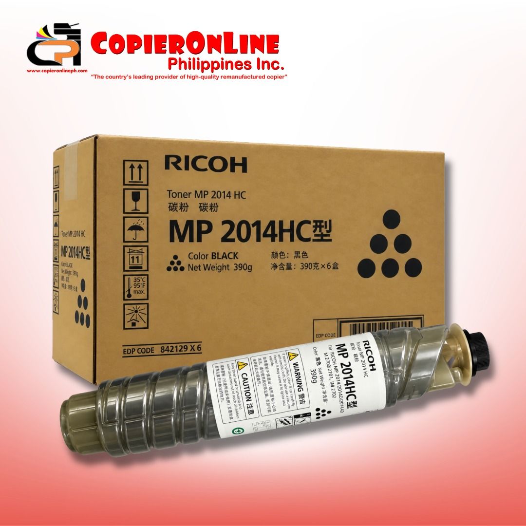 Original RICOH MP2014 Toner Cartridge (Category: Printers, Scanners & Copiers) located in Quezon City. Submitted by copieronlineinc (Listing ID 1464861002, Image 1). Description: 🖨️ ORIGINAL RICOH MP2014HC TONER CARTRIDGE 📌 Model: MP 2014HC Color: Black Toner Weight: 390g Price: ₱4,500 / pc 🖨️ COMPATIBLE WITH: ✅ Ricoh MP 2014/2014D/2014AD ✅ Ricoh M 2700/2701, IM 2702 ⚙️ Used for: Black printing and copying on compatible Ricoh machines. ✅ Helps
