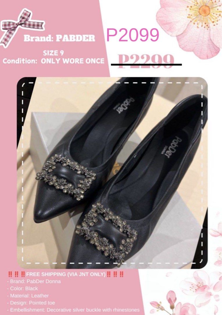 PabDer Donna Black Leather Pointed Toe Heels Size 9 (Category: Heels) located in Las Pinas. Submitted by francesaly (Listing ID 1463824017, Image 1). Description: - Brand: PabDer Donna - Color: Black - Material: Leather - Size: 9 - Style: Pointed toe heels - Features: Decorative silver buckle with rhinestones - Condition: Worn only once, practically new - Shipping: Free via JNT only.