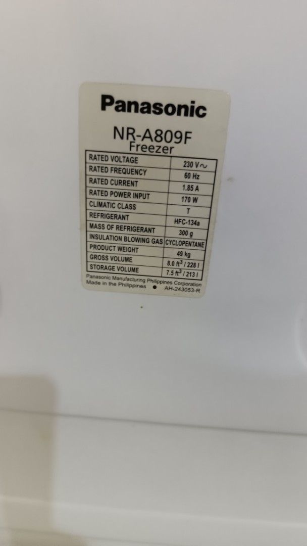 Panasonic NR-A809F Upright Freezer (Category: Refrigerators and Freezers) located in San Juan City. Submitted by pinkdenxel (Listing ID 1464900040, Image 3). Description: - Model: Panasonic NR-A809F Single Door Vertical Freezer - Color: Silver exterior with a clean white interior - Capacity: Spacious 213 liters storage volume - Power: 230V, 60Hz, 170W - Weight: 49 kg - Features: Multiple built-in cooling shelves and a convenient bottom storage bi