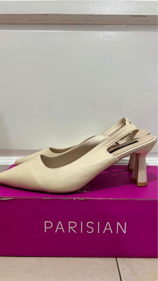 Parisian Cream Slingback Heels with Box (Category: Heels) located in Quezon City. Submitted by jukamigaha (Listing ID 1464895365, Image 1). Description: Size: 39 Color: Beige Note: Hindi yan Parisian. Sa box lang ng Parisian nakalagay.
