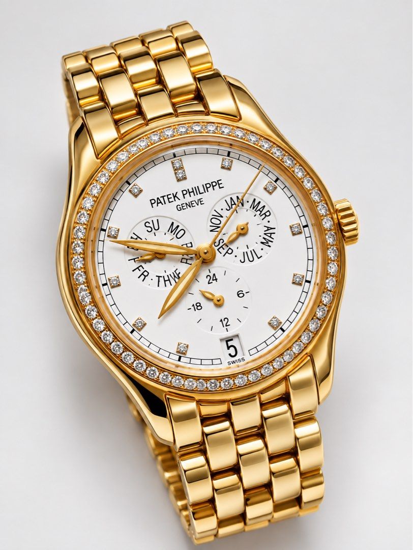 Patek Philippe Gold Diamond Watch (Category: Luxury Watches) located in Makati City. Submitted by dee_online888 (Listing ID 1464807035, Image 1). Description: Patek Philippe Annual Calendar Ref. 5037J. * Reference: 5037J * Case: 18k yellow gold * Bracelet: integrated 18k yellow-gold bracelet * Bezel: factory-set diamonds * Dial: white/silver with diamond hour markers * Complications: annual calendar — day, month, date, plus 24-hour indicator * Si