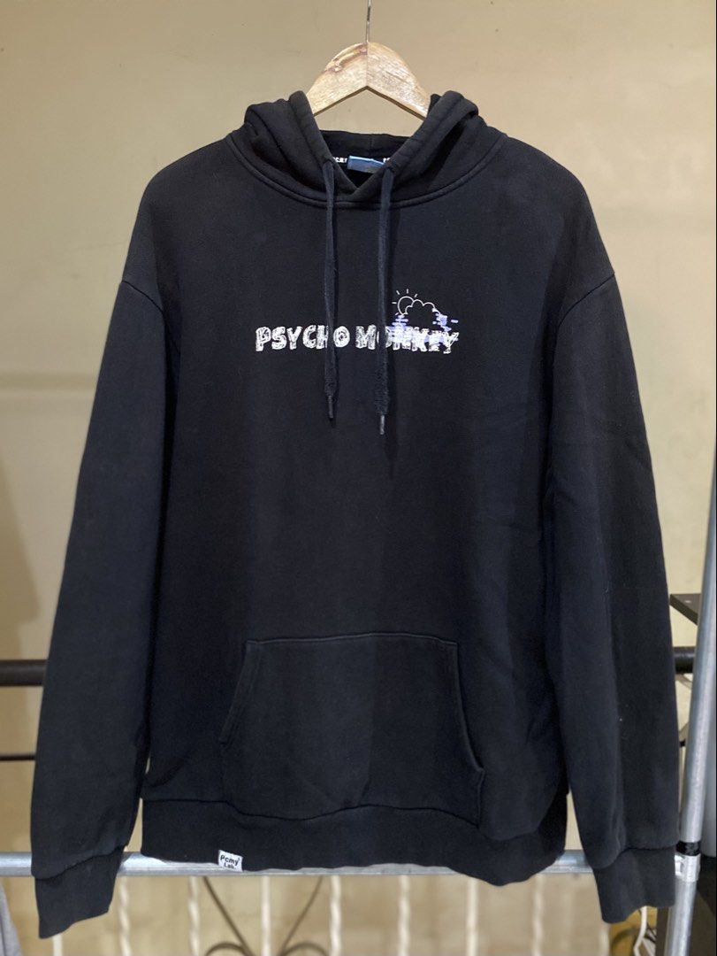 Pcmy Lab Psycho Monkey Black Hoodie Size M (Category: Coats, Jackets and Outerwear) located in Rizal. Submitted by channzy (Listing ID 1464920525, Image 1). Description: - Brand: Pcmy Lab - Color: Black - Size: Medium (M tag on blue neck label) - Design: Striking Psycho Monkey graphics on front and back - Material: Premium heavy cotton with printed details - Features: Hood drawstrings plus signature Pcmy Lab logo tags on the front hem and sleeve 