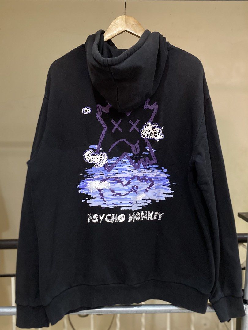 Pcmy Lab Psycho Monkey Black Hoodie Size M (Category: Coats, Jackets and Outerwear) located in Rizal. Submitted by channzy (Listing ID 1464920525, Image 2). Description: - Brand: Pcmy Lab - Color: Black - Size: Medium (M tag on blue neck label) - Design: Striking Psycho Monkey graphics on front and back - Material: Premium heavy cotton with printed details - Features: Hood drawstrings plus signature Pcmy Lab logo tags on the front hem and sleeve 