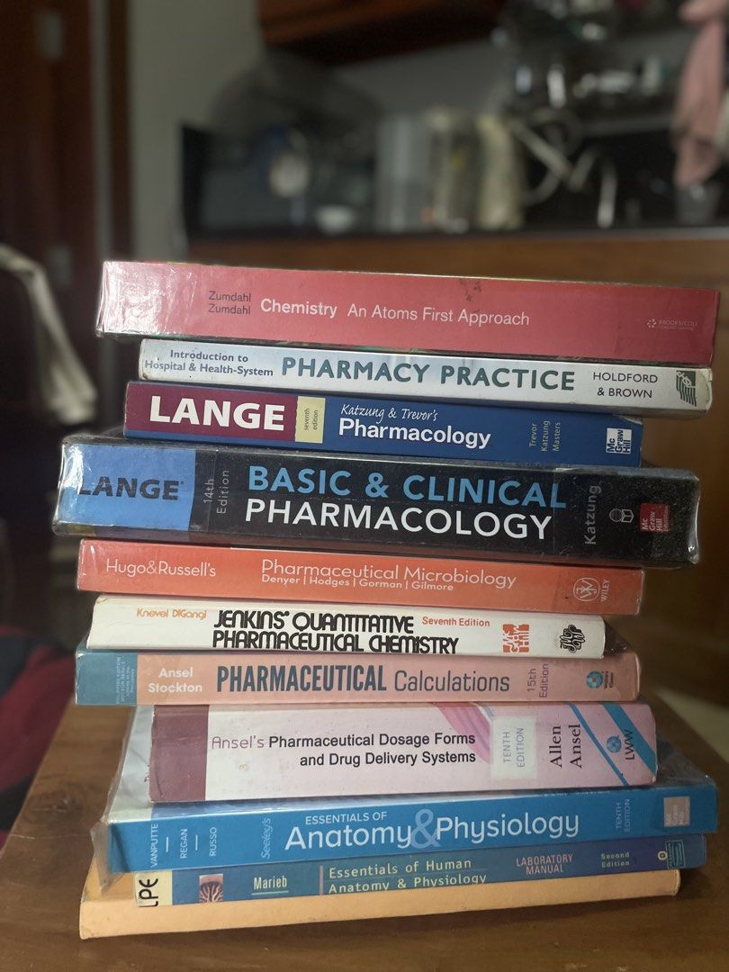 Pharmacy, Chemistry and Anatomy Textbooks Bundle (Category: Textbooks) located in Manila. Submitted by cchicchen (Listing ID 1464808772, Image 1). Description: All bundle - 3000 (libre na yung pharchem notes orange book + Jenkins) Pharmaceutics Set: Ansel’s Dosage Forms + Pharmaceutical Calculations = ₱900 Pharmacology Set: Katzung Basic & Clinical + Katzung & Trevor’s Review = ₱1,000 Chemistry & Bio Set: Hugo & Russell Microbiology + Jenkins Che