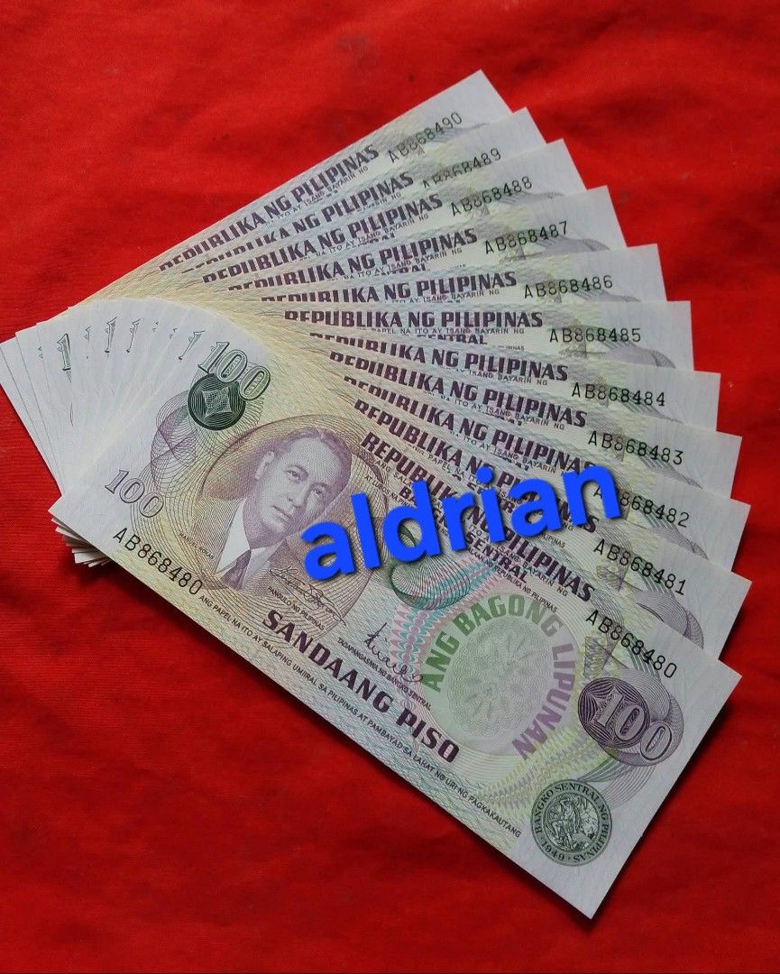 Philippine 100 Piso Banknotes Consecutive Serial Numbers (Category: Currency) located in Angono. Submitted by aldrianvillareal28 (Listing ID 1464874715, Image 1). Description: - Item: Philippine 100 piso banknotes (Manuel Roxas design) - Quantity: 11 pieces (Consecutive serial numbers: AB868480 to AB868490) - Condition: Crisp paper texture, sharp edges, clean corners - Storage: Kept flat, away from moisture and direct sunlight - Ideal for: Paper 