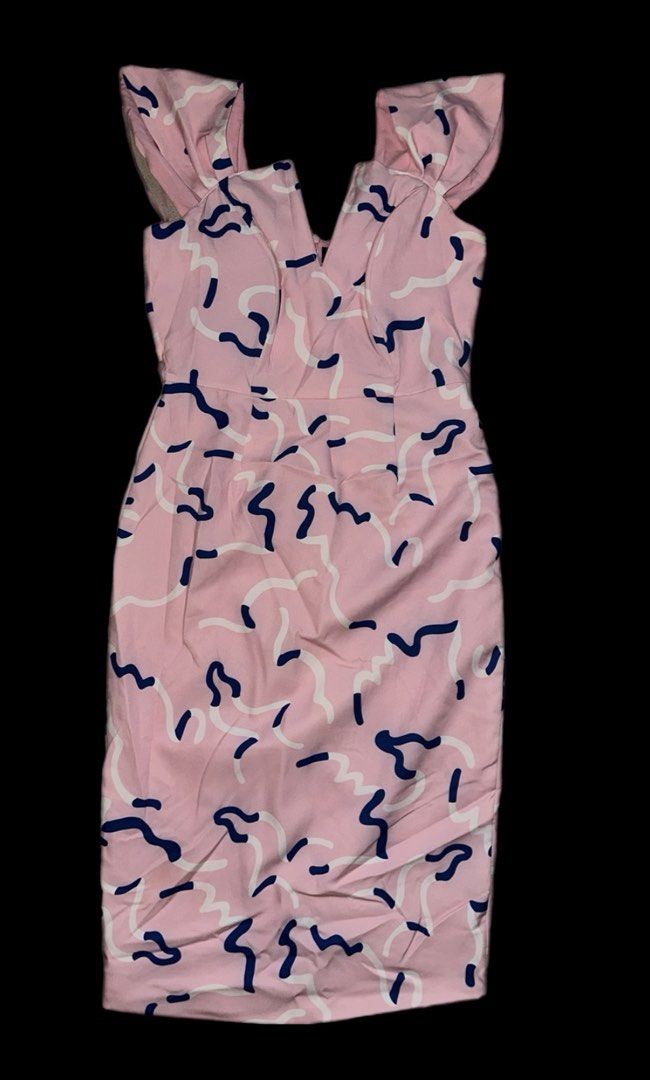 Pink abstract pattern midi dress with ruffle straps (Category: Dresses) located in Makati City. Submitted by allexxii (Listing ID 1464798720, Image 1). Description: - Pink midi dress with blue and white abstract scribble print - Structured V-cut neckline with playful ruffled cap straps - Fitted silhouette down to the hem with a convenient back zipper closure - True to size fit - Ideal for weekend dates, casual outings, and day-to-night events -Le