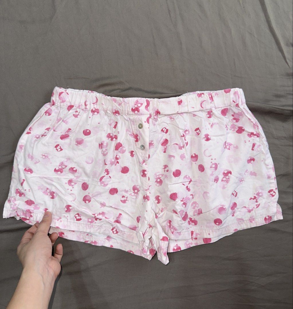 Pink and White Patterned Sleep Shorts (Category: Shorts) located in Santa Ana. Submitted by fatikilla (Listing ID 1464810397, Image 1). Description: - Comfy sleep shorts in a relaxed fit - Light pink base with dark pink abstract spotted print - Comfortable elastic waistband with a button fly - Easy slip-on style - Great for sleeping or lounging at home.