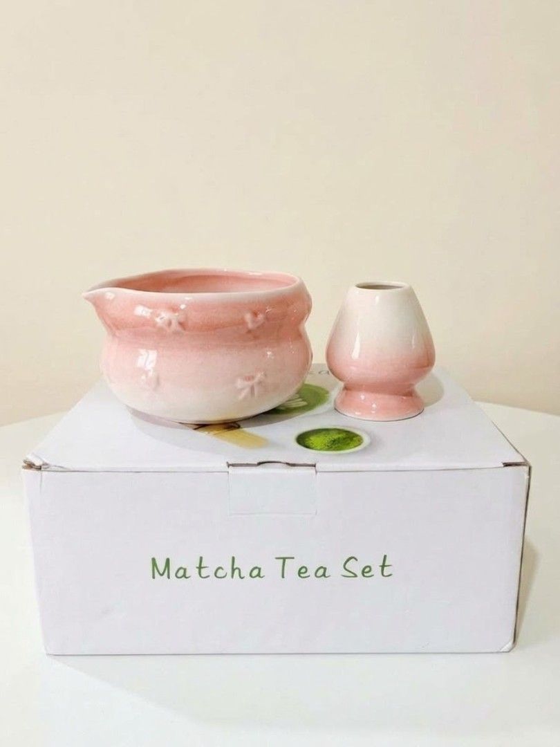 Pink Bow 5-Piece Matcha Tea Set (Category: Coffee & Tea Tableware) located in Manila. Submitted by dala.collection (Listing ID 1464876013, Image 1). Description: 5-Piece Bowl Whisk Whisk Holder Scoop Sifter 📍Malabon City 📋JNT and Lala.
