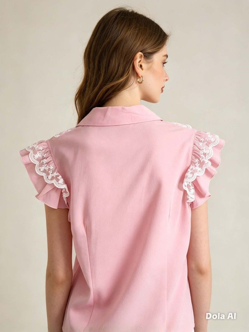 Pink Ruffle Bow Blouse with White Lace Trim (Category: Blouses) located in Caloocan City. Submitted by prelovedandnewtreasures (Listing ID 1464921507, Image 3). Description: - Color: Dusty pink - Style: Feminine and sweet - Details: White floral lace trim on collar, chest ruffles, cap sleeves, and ribbon tie neckline - Closure: Front buttons - Measurements: 22inches length inches length, 32-34 inches bust - Material: Smooth fabric - Styling: Grea