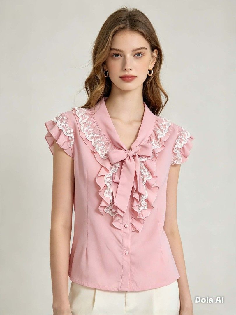 Pink Ruffle Bow Blouse with White Lace Trim (Category: Blouses) located in Caloocan City. Submitted by prelovedandnewtreasures (Listing ID 1464921507, Image 2). Description: - Color: Dusty pink - Style: Feminine and sweet - Details: White floral lace trim on collar, chest ruffles, cap sleeves, and ribbon tie neckline - Closure: Front buttons - Measurements: 22inches length inches length, 32-34 inches bust - Material: Smooth fabric - Styling: Grea